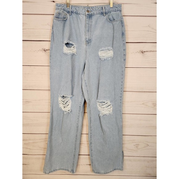 Boohoo Womens Blue Solid Cotton Distressed Hight Rise Straight Leg Jeans Size 12 - Picture 1 of 7